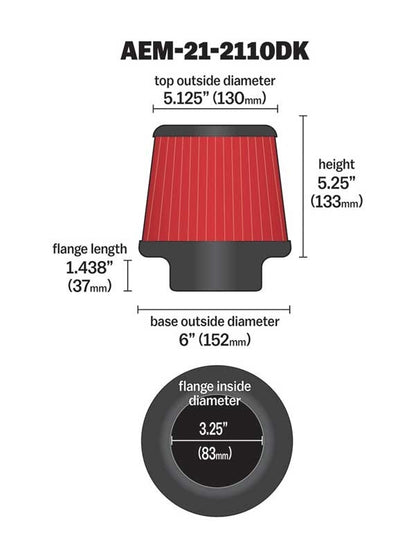 AEM Induction DryFlow Air Filter 3.25in X 5-1/4in AIP21-2110DK