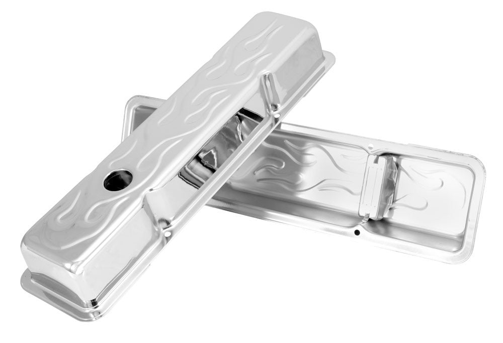 Spectre SB Chevy Short Flamed Valve Cover Set - Chrome / Boxed 52181
