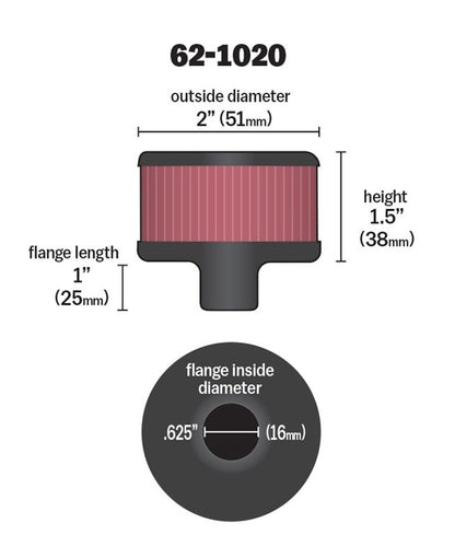K&N Engineering K&N Steel Base Crankcase Vent Filter .625in Vent OD x 2in OD x 1.5in Height 62-1020