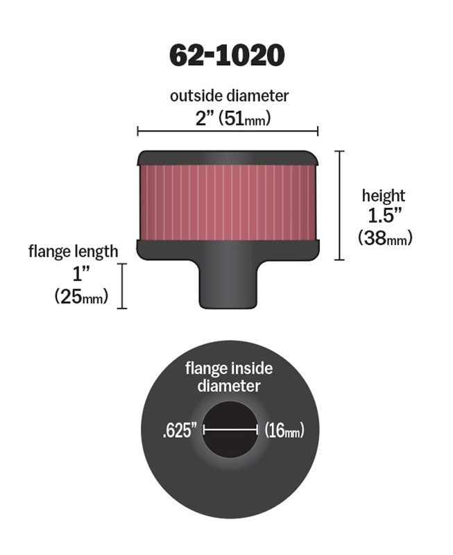 K&N Engineering K&N Steel Base Crankcase Vent Filter .625in Vent OD x 2in OD x 1.5in Height 62-1020