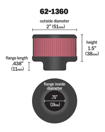 K&N Engineering K&N 3/4 inch ID 2 inch OD 1.5 inch H Clamp On Crankcase Vent Filter 62-1360