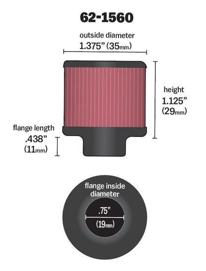 K&N Engineering K&N 0.75 inch ID 1.375 inch OD 1.125 inch H Clamp On Crankcase Vent Filter 62-1560
