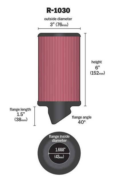 K&N Engineering K&N Universal Air Filter (1.5in Length / 1.688in ID / 40 Degree Flange / 3in Top OD / 6in Height) R-1030