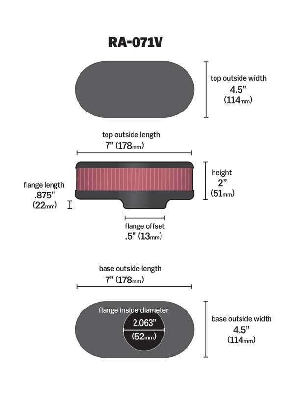K&N Engineering K&N Universal Chrome Filter-Oval Straight 4.5 Inch O/S Width 7 Inch O/S Length 2 Inch Height RA-071V