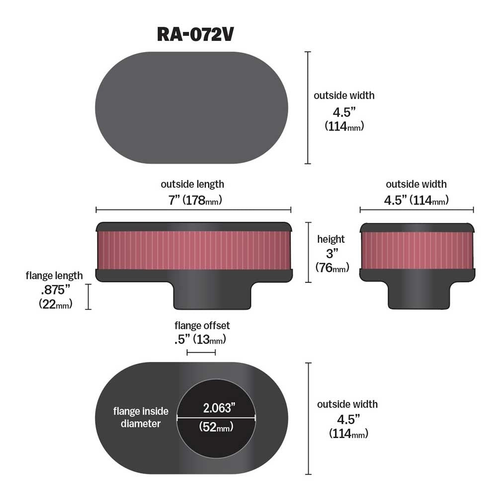 K&N Engineering K&N Universal Chrome Filter-Oval Straight 4.5 Inch O/S Width 7 Inch O/S Length 3 Inch Height RA-072V