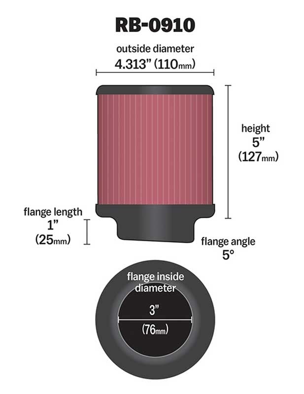 K&N Engineering K&N Universal Rubber Filter 3 inch 5 Degree FLG 4 1/2 inch OD 5 inch Height RB-0910