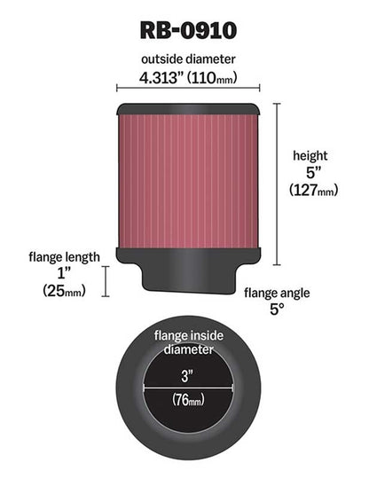 K&N Engineering K&N Universal Rubber Filter 3 inch 5 Degree FLG 4 1/2 inch OD 5 inch Height RB-0910