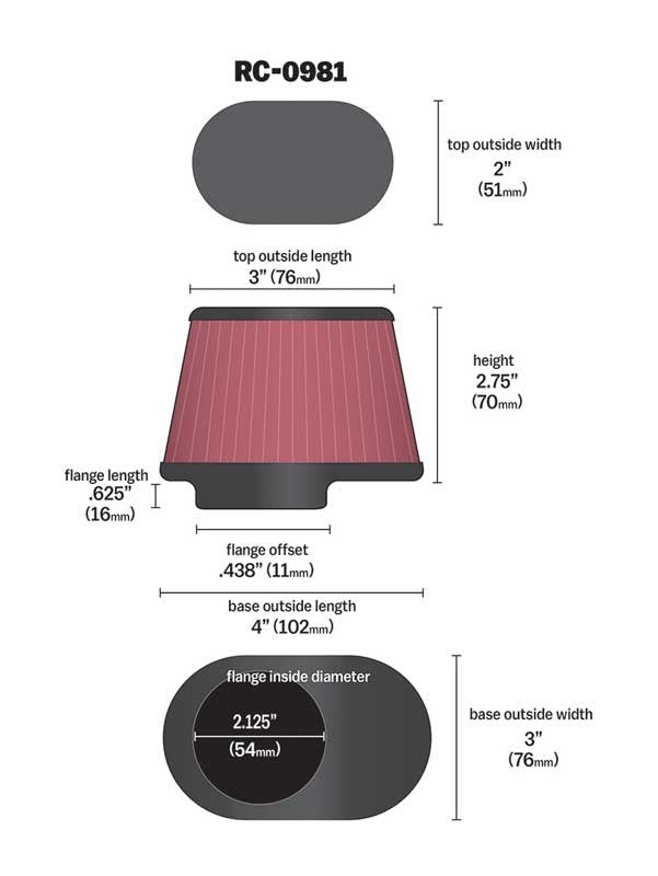 K&N Engineering K&N Uni Chrome Oval Tapered Filter 2.125in FlgID x 4inB OL x 3inB OW x 3inT OL x 2inT OW x 2.75in H RC-0981