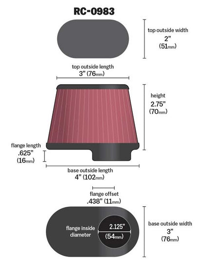 K&N Engineering K&N Universal Clamp-On Air Filter 2-1/8in Flange 3in x 4in Base 2-3/4in Height (3 Per Box) RC-0983