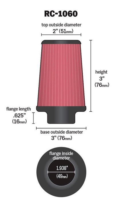K&N Engineering K&N Universal Chrome Filter 1 15/16 inch FLG / 3 inch Base / 2 inch Top / 3 inch Height RC-1060
