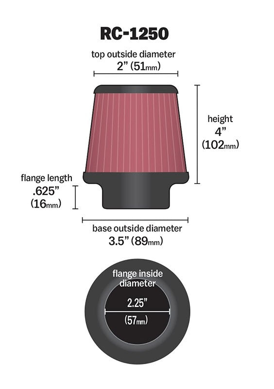 K&N Engineering K&N Universal Chrome Filter 2.25 Inch Flange / 3.5 Inch Base / 2 Inch Top / 4 Inch Height RC-1250