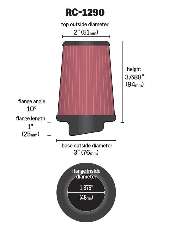 K&N Engineering K&N Universal Clamp-On Air Filter 1-7/8in 10 Degrees FLG / 3in B / 2in T / 3-11/16in H RC-1290