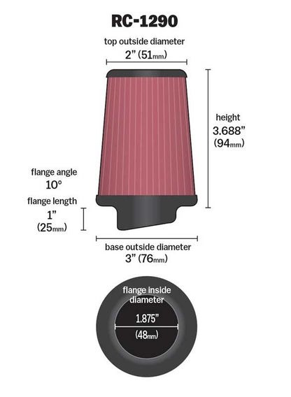 K&N Engineering K&N Universal Clamp-On Air Filter 1-7/8in 10 Degrees FLG / 3in B / 2in T / 3-11/16in H RC-1290