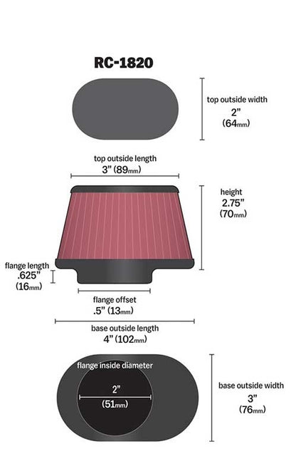 K&N Engineering K&N Filter Universal Clamp-On Filter 2in Flange / 2-23/32in Base / 3in x 2in Top / 2-3/4in Height RC-1820
