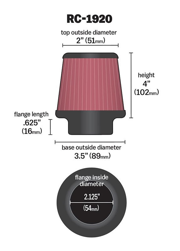 K&N Engineering K&N Universal Clamp-On Air Filter 2-1/8in Flange 3-1/2in Base 2in Top 4in Height RC-1920