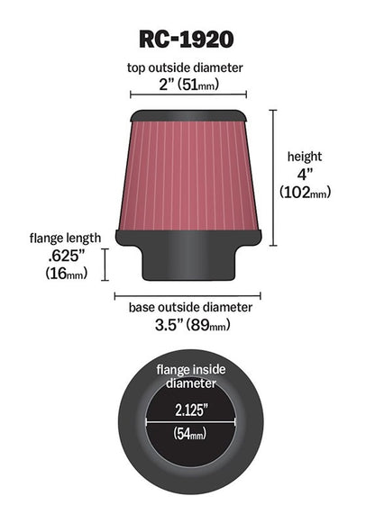 K&N Engineering K&N Universal Clamp-On Air Filter 2-1/8in Flange 3-1/2in Base 2in Top 4in Height RC-1920