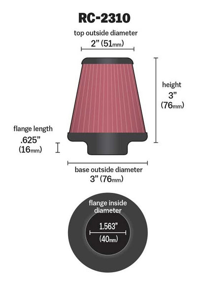 K&N Engineering K&N Universal Round Tapered Chrome Filter 1.563in Flange ID x 3in Base OD x 2in Top OD x 3in H RC-2310