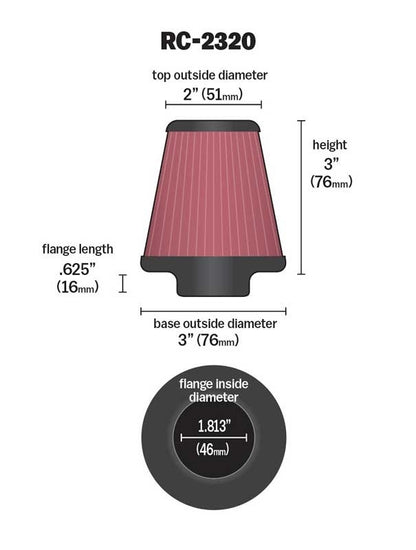 K&N Engineering Universal Air Filter 1-13/16in FLG / 3in Bottom / 2in Top / 3in Height RC-2320