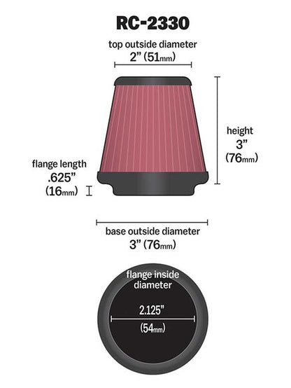 K&N Engineering K&N Universal Chrome Filter 2 1/8 inch FLG / 3 inch Bottom / 2 inch Top / 3 inch Height RC-2330