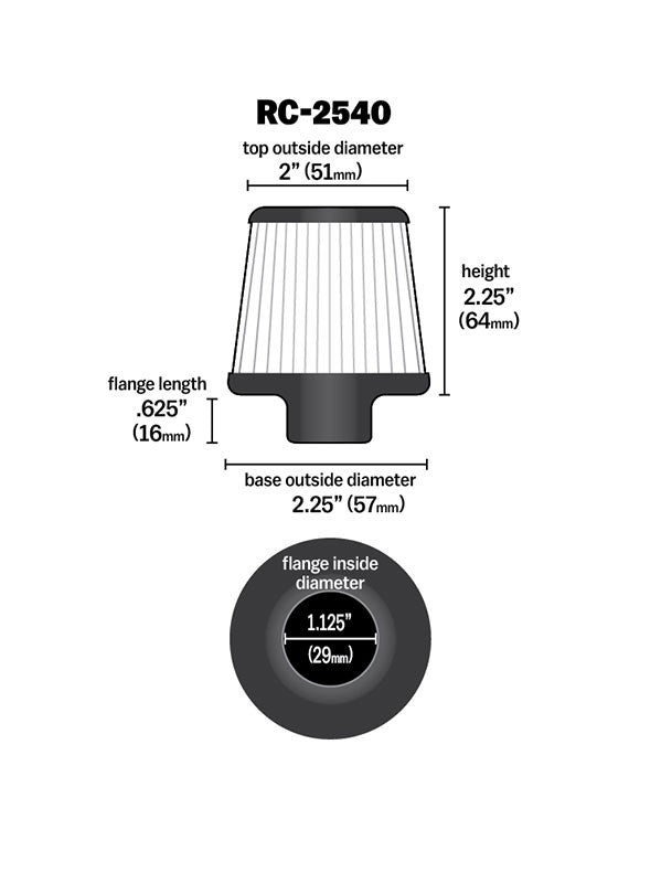 K&N Engineering K&N Universal Chrome Filter 1 1/8 inch FLG / 2 1/4 inch Bottom / 2 inch Top / 2.5 inch Height RC-2540