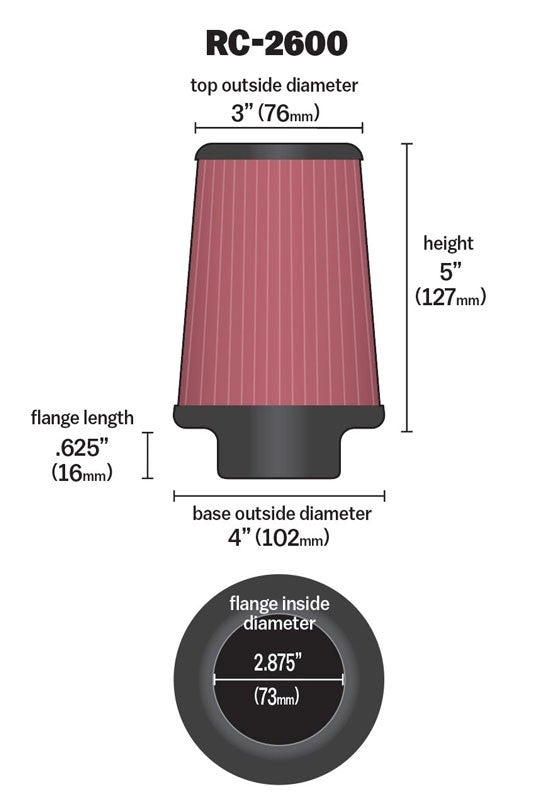 K&N Engineering K&N Universal Chrome Filter .625in Flange L x 4in Base OD x 3in Top OD x 5in H RC-2600