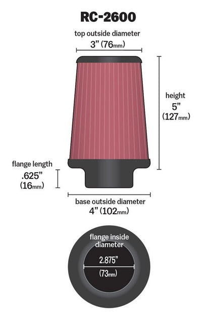 K&N Engineering K&N Universal Chrome Filter .625in Flange L x 4in Base OD x 3in Top OD x 5in H RC-2600