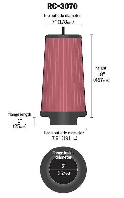 K&N Engineering K&N Universal Chrome Filter-Round Tapered 6in Flange ID x 7.5in Base OD x 7in Top OD x 18in H RC-3070