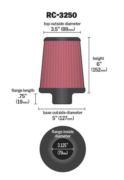 K&N Engineering K&N Universal Chrome Filter 3 1/8 inch FLG / 5 inch Bottom / 3 1/2 inch Top / 6 inch Height RC-3250