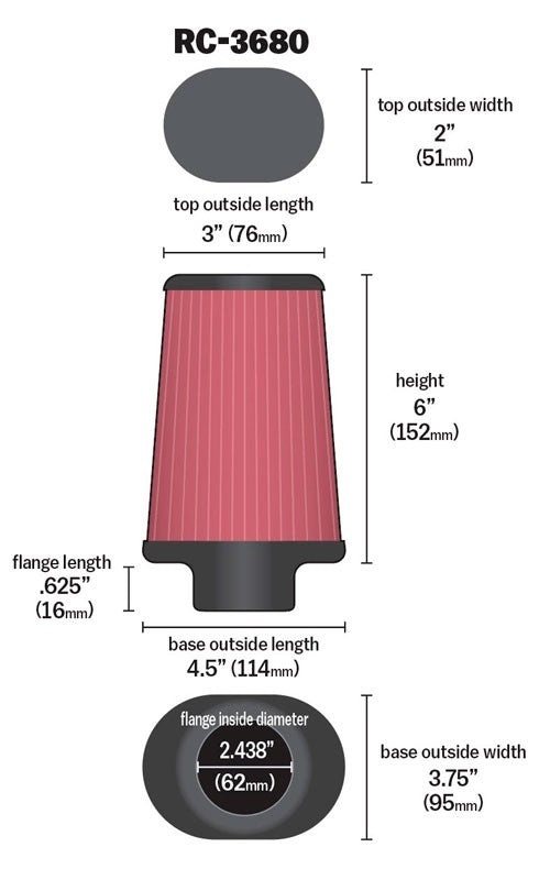 K&N Engineering K&N Universal Clamp-On Air Filter 2-7/16in Flange 4-1/2x3-3/4in Base 3x2in Top 6in Height RC-3680