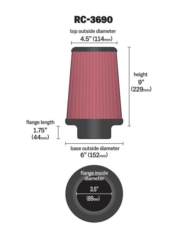 K&N Engineering K&N Universal Chrome Filter 3 1/2 inch ID FLG / 6 inch Bottom / 4 1/2 inch CR / 9 inch Length RC-3690