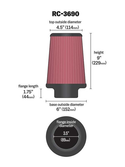 K&N Engineering K&N Universal Chrome Filter 3 1/2 inch ID FLG / 6 inch Bottom / 4 1/2 inch CR / 9 inch Length RC-3690