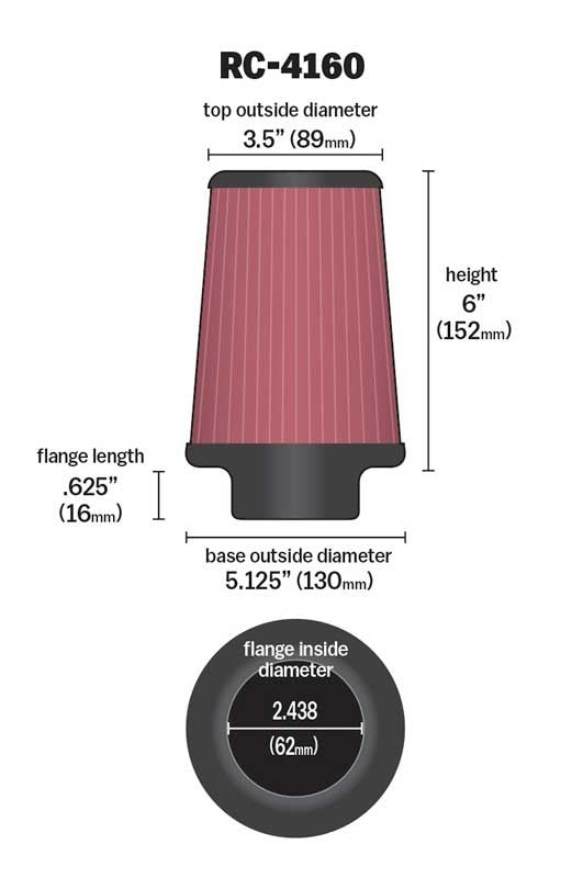 K&N Engineering K&N Universal Chrome Filter 2 7/16 inch FLG / 5 1/8 inch Bottom / 3 1/2 inch Top / 6 inch Height RC-4160