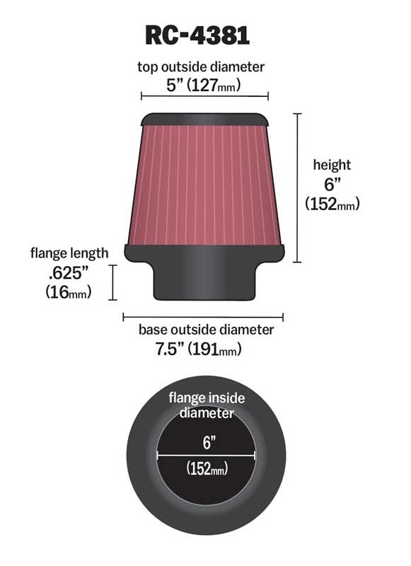 K&N Engineering K&N Universal Chrome Filter 6in Flange ID x 7.5in Base OD x 5in Top OD x 6in H RC-4381