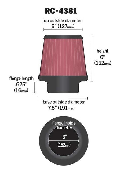 K&N Engineering K&N Universal Chrome Filter 6in Flange ID x 7.5in Base OD x 5in Top OD x 6in H RC-4381