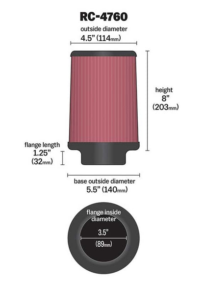 K&N Engineering K&N Universal Chrome Filter 3 1/2 inch FLG / 5 1/2 inch Bottom / 4 1/2 inch Top / 8 inch Height RC-4760