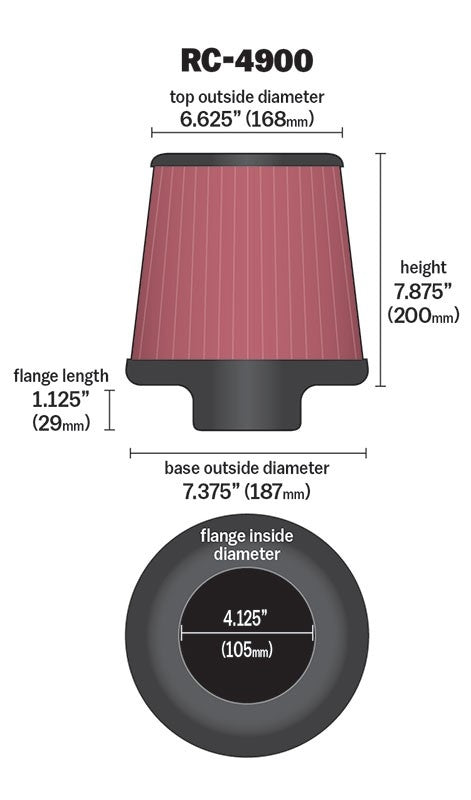 K&N Engineering K&N Universal Air Filter Round Tapered 7.375in Base OD / 6.625in Top OD / 7.875in Height RC-4900