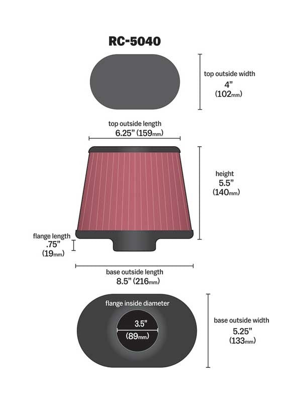 K&N Engineering K&N Universal Filter 3.5in Flange ID / 8.5 x 5.25in Base / 6.25 x 4in Top / 5.5in Height RC-5040