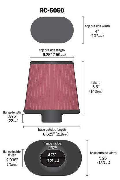 K&N Engineering K&N Unique Chrome Filter Oval Tprd 8.625in B OL x 5.25in B OW x 6.25in Top OL x 4in T OW x 5.5in H RC-5050