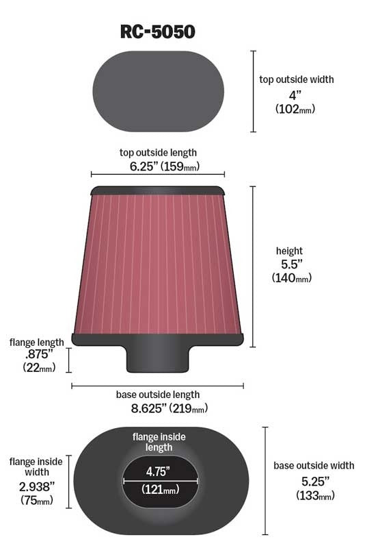 K&N Engineering K&N Unique Chrome Filter Oval Tprd 8.625in B OL x 5.25in B OW x 6.25in Top OL x 4in T OW x 5.5in H RC-5050