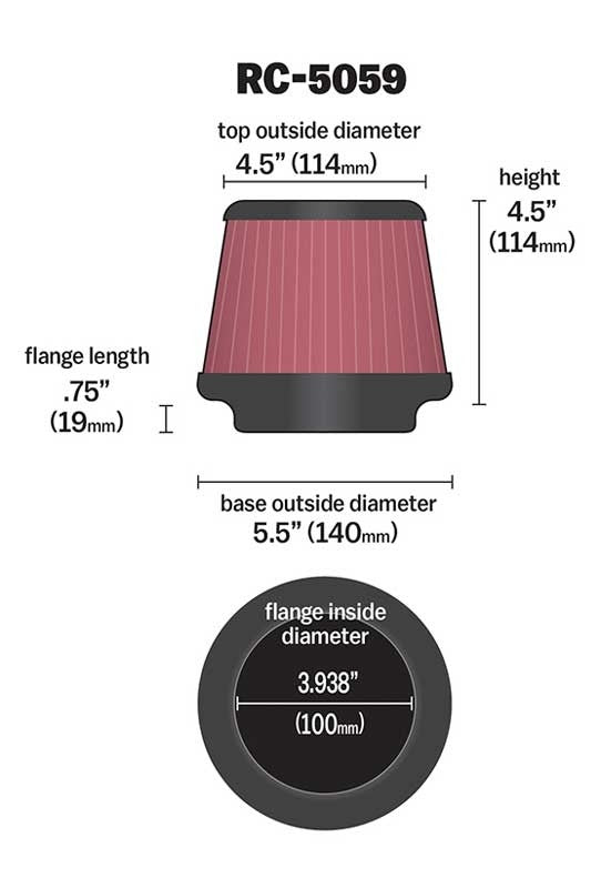 K&N Engineering K&N Universal Clamp-On Air Filter 100mm FLG / 139mm B / 114mm T / 112mm H RC-5059