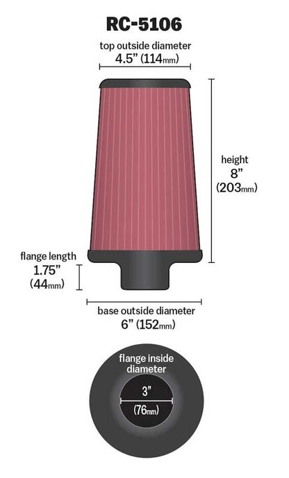K&N Engineering K&N Universal ChromeRound Tapered Air Filter 3in Flange ID / 6in Base OD / 4.5in Top OD / 8in Height RC-5106