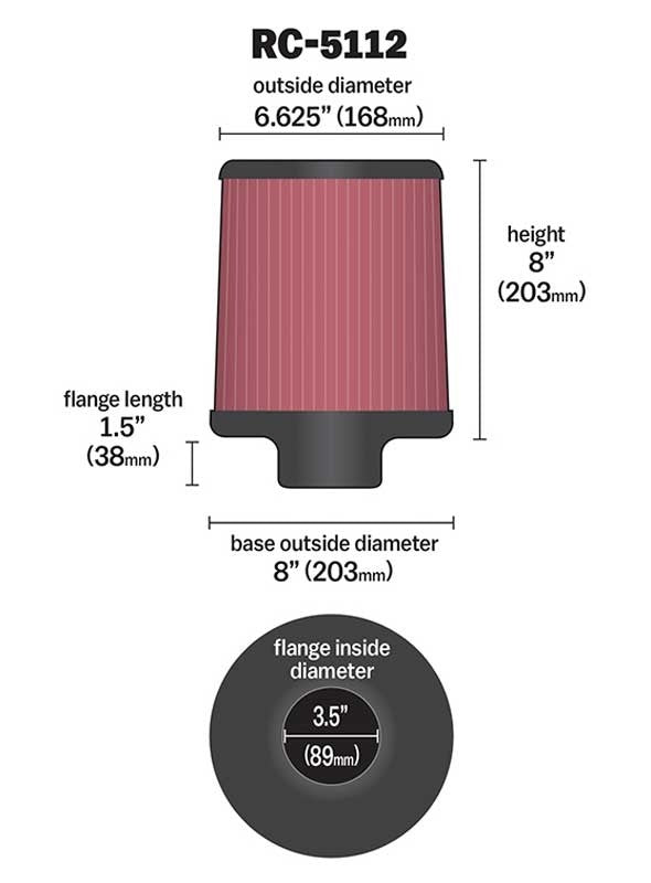 K&N Engineering K&N Filter Universal Rubber Filter 3.5in Flange 6.625in Top 8in Height Center Hole RC-5112