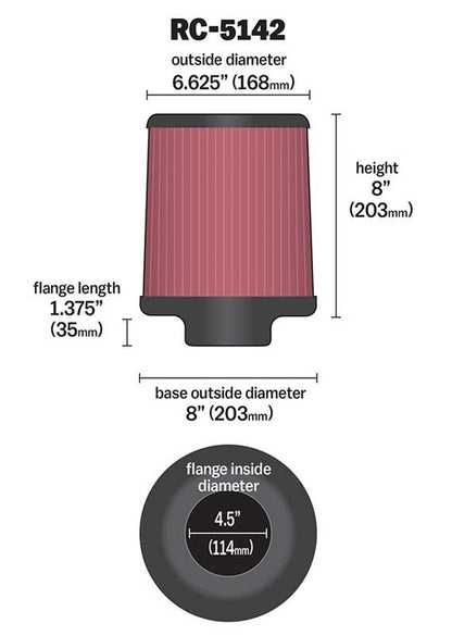 K&N Engineering K&N Universal Clamp-On Air Filter inch FLG 4.5inch Base 4 inch Top 4-1/2in FLG 8in Base RC-5142