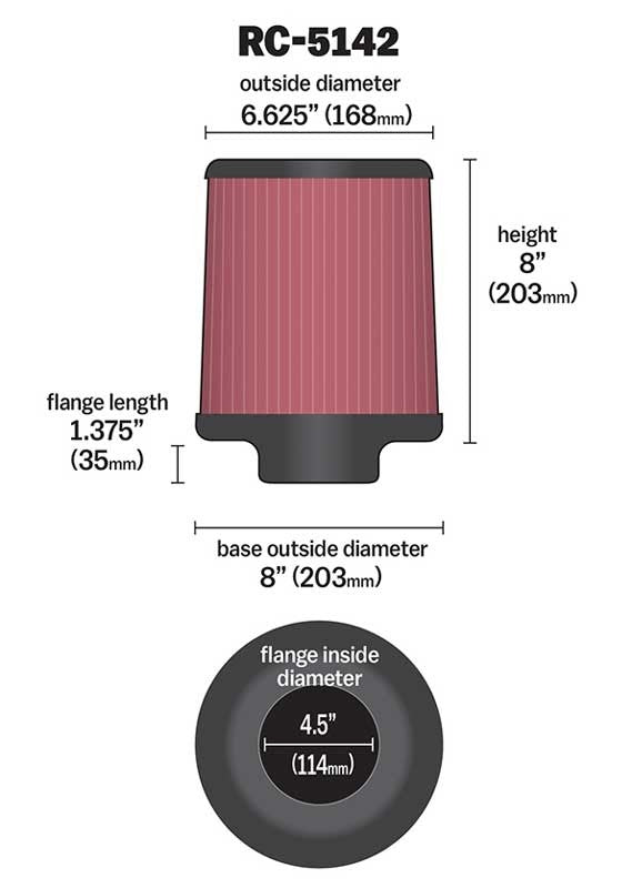 K&N Engineering K&N Universal Clamp-On Air Filter inch FLG 4.5inch Base 4 inch Top 4-1/2in FLG 8in Base RC-5142