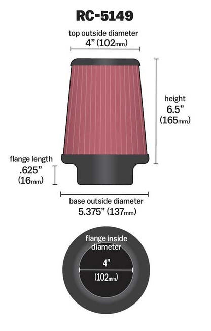 K&N Engineering K&N Universal Chrome Filter 4 inch FLG 5 3/8 inch Base 4 inch Top 6 1/2 inch Height RC-5149