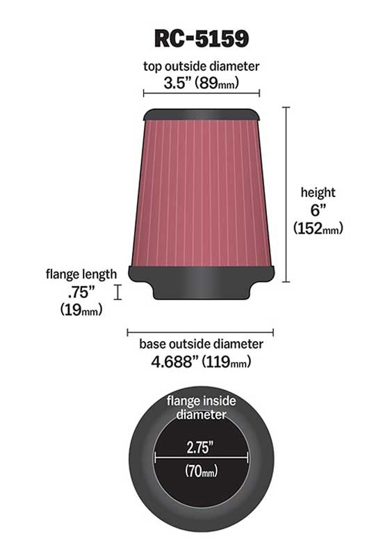 K&N Engineering Universal Air Filter 2-3/4in Flange / 4-11/16in Bottom / 3-1/2in Top / 6in Height RC-5159