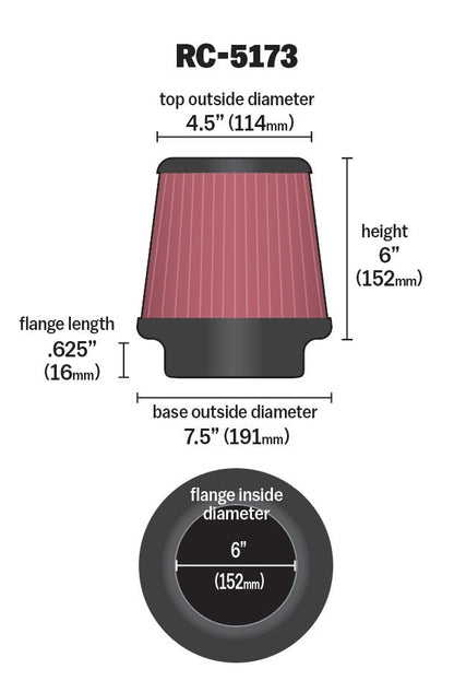 K&N Engineering K&N Universal Chrome Round Tapered Air Filter 6in Flange ID x 7.5in Base OD x 5.875in Top OD x 6in H RC-5173