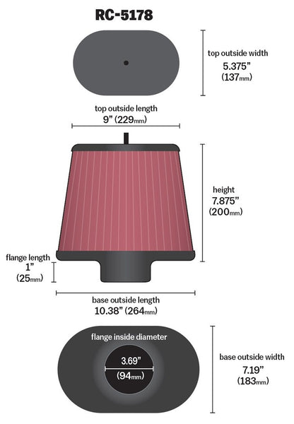 K&N Engineering K&N Universal Air Filter - Oval Straight - 3.688in Flange ID x 10.25in Base O/S Length x 7.875in H RC-5178