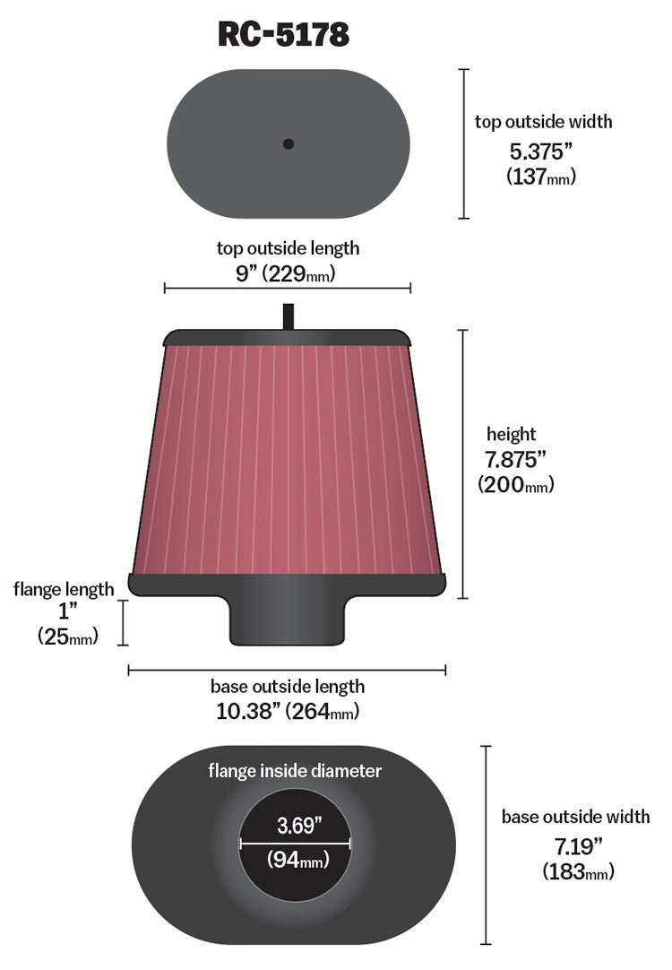 K&N Engineering K&N Universal Air Filter - Oval Straight - 3.688in Flange ID x 10.25in Base O/S Length x 7.875in H RC-5178