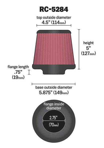 K&N Engineering K&N Universal Clamp-On Air Filter 2-3/4in FLG / 5-7/8in B / 4-1/2in T / 5in H RC-5284